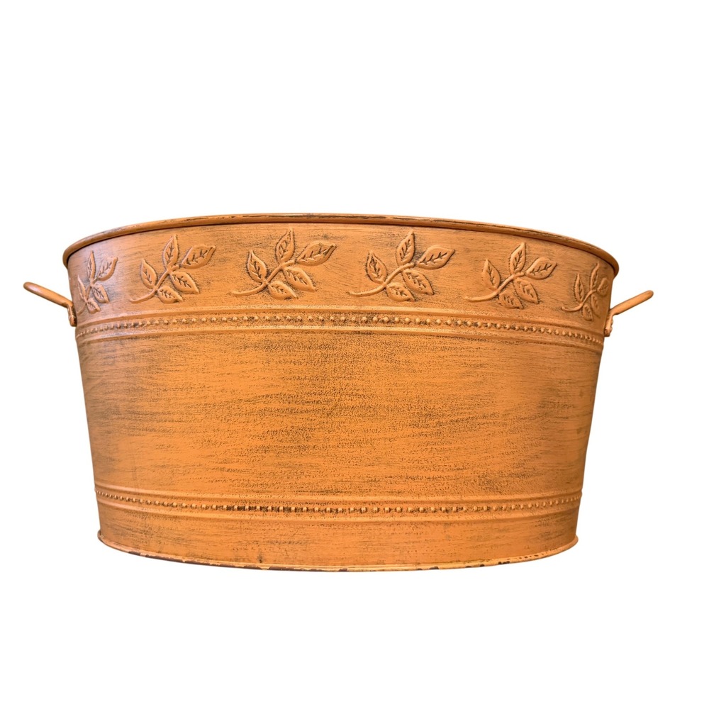 Princess House Rustic Orange Embossed Leaf Metal Oval Beverage Tub